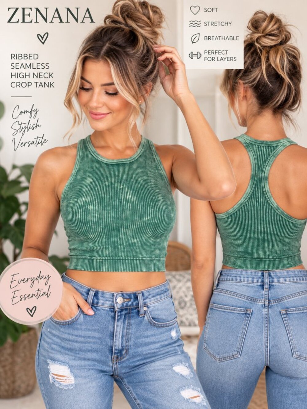 Zenana Mineral Wash Green Ribbed Racerback Brami Crop Tank S/M